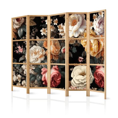 Parawan japoński Florystyka w stylu vintage - ogrom kolorowych kwiatów na czarnym tle 225×172 cm, japoński