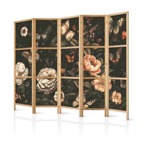 Japanischer Paravent Tajemniczy ogród - motyle latające nad kwiatami - rustykalny wieczór 225×172 cm, japanisch
