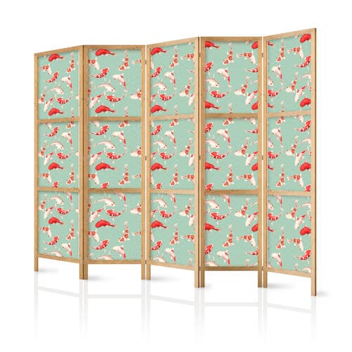 Parawan japoński Rybki i japoński wzór - Rybki Koi w pomarańczowo-kremowych kolorach na zielono-miętowym tle z orientalnym wzorem 225×172 cm, japoński