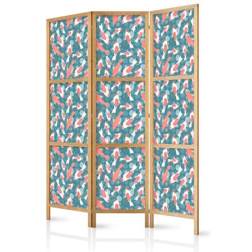 Parawan japoński Orientalny staw - Gromada japońskich rybek pływająca w krystalicznej wodzie z rozbłyskami światła 135×172 cm, japoński