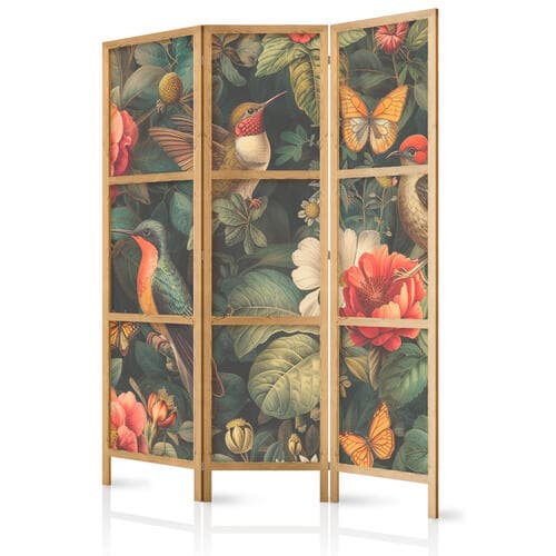 Parawan japoński W ogrodzie botanicznym - kwiaty ptaki i motyle - barwna ilustracja 135×172 cm, japoński