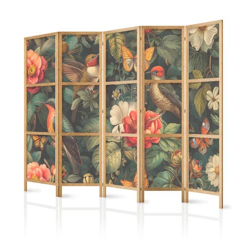 Parawan japoński W ogrodzie botanicznym - kwiaty ptaki i motyle - barwna ilustracja 225×172 cm, japoński