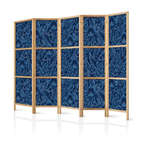 Parawan japoński Gęsta roślinność - botaniczne wzory w ilustracyjnym stylu; niebieskie 225×172 cm, japoński