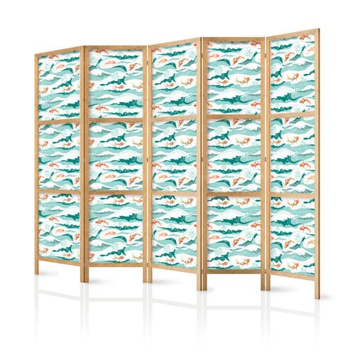 Japanischer Paravent Ryby wyskakujące ponad fale - Orientalne ryby i lilie wodne wśród wysokich fal w barwach morskiej zieleni 225×172 cm, japanisch