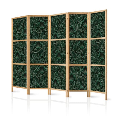 Parawan japoński Gęsta roślinność - botaniczne wzory w ilustracyjnym stylu; zielone 225×172 cm, japoński