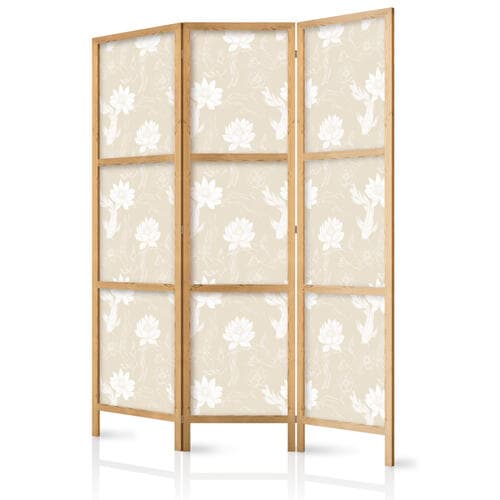 Parawan japoński Ryby i lilie wodne - Jasne orientalne ryby pływające pośród kwiatów wodnych na delikatnym piaskowo-beżowym tle 135×172 cm, japoński