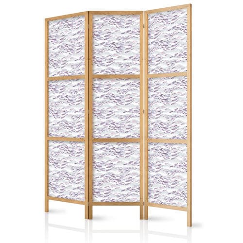 Parawan japoński Rybki w stonowanych barwach - Ławica małych rybek w kolorystyce jasnego fioletu i delikatnego różu na tle szarych fal 135×172 cm, japoński