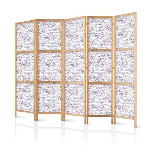 Parawan japoński Rybki w stonowanych barwach - Ławica małych rybek w kolorystyce jasnego fioletu i delikatnego różu na tle szarych fal 225×172 cm, japoński