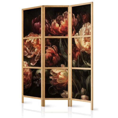 Parawan japoński Okazałe tulipany - bukiet kwiatów w czerwieni i bieli na czarnym tle 135×172 cm, japoński
