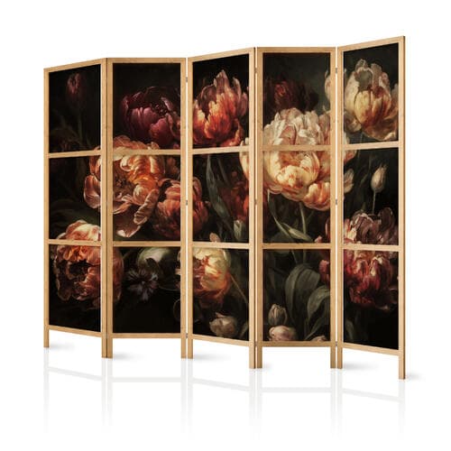 Parawan japoński Okazałe tulipany - bukiet kwiatów w czerwieni i bieli na czarnym tle 225×172 cm, japoński