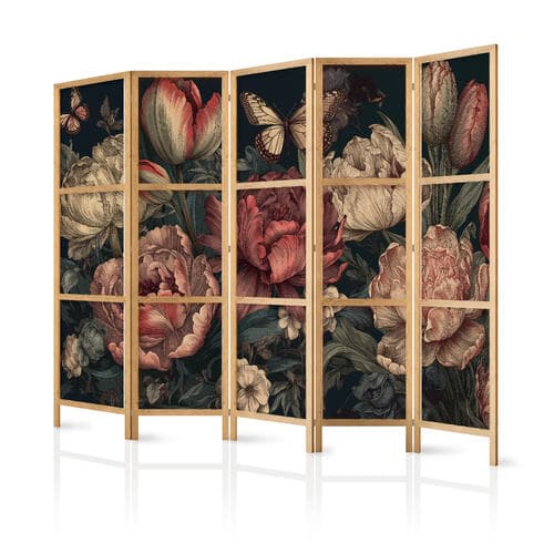 Parawan japoński Ilustracja florystyczna - okazałe pąki kwiatów na turkusowym tle 225×172 cm, japoński
