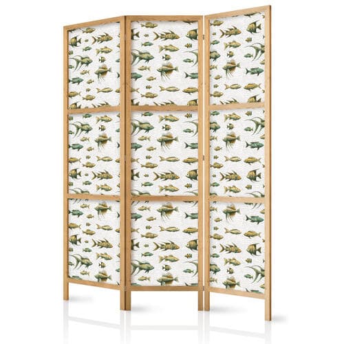 Parawan japoński Ryby w beżowej tonacji - Różne gatunki ryb w beżowo-brązowej kolorystyce przedstawione w stylu vintage na jasnym tle 135×172 cm, japoński
