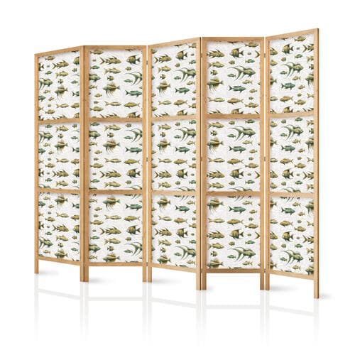 Parawan japoński Ryby w beżowej tonacji - Różne gatunki ryb w beżowo-brązowej kolorystyce przedstawione w stylu vintage na jasnym tle 225×172 cm, japoński