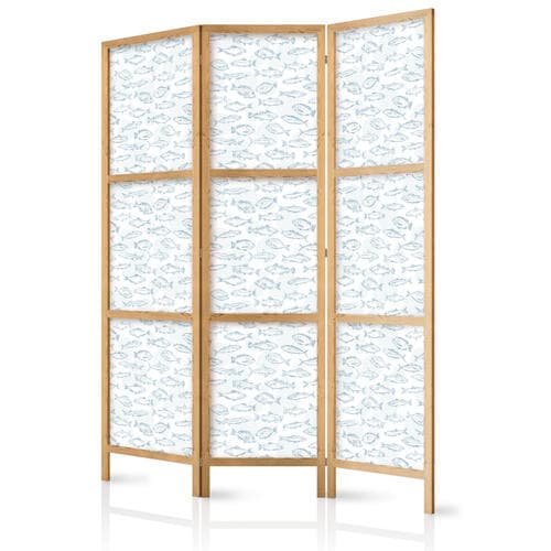 Parawan japoński Niebieskie ryby - Niebieskie kontury rozmaitych gatunków ryb na biało-błękitnym tle 135×172 cm, japoński