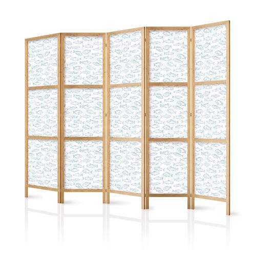 Japanischer Paravent Niebieskie ryby - Niebieskie kontury rozmaitych gatunków ryb na biało-błękitnym tle 225×172 cm, japanisch