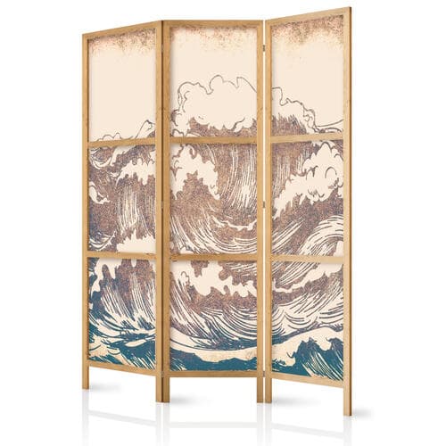 Parawan japoński Wzburzony ocean - Wysokie fale w kolorystyce brązu i granatu na beżowym tle w stylistyce vintage 135×172 cm, japoński