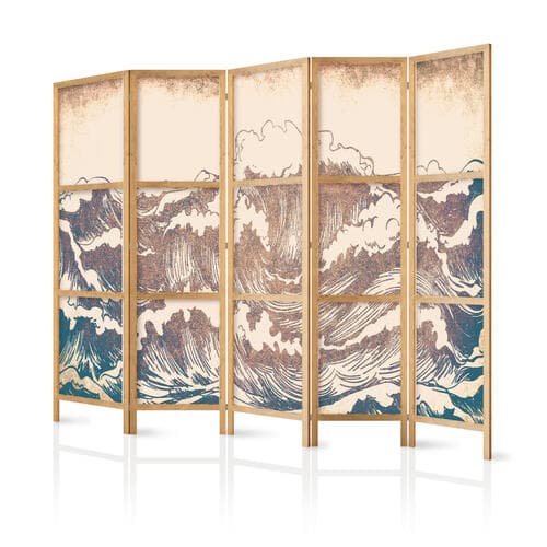 Japanischer Paravent Wzburzony ocean - Wysokie fale w kolorystyce brązu i granatu na beżowym tle w stylistyce vintage 225×172 cm, japanisch
