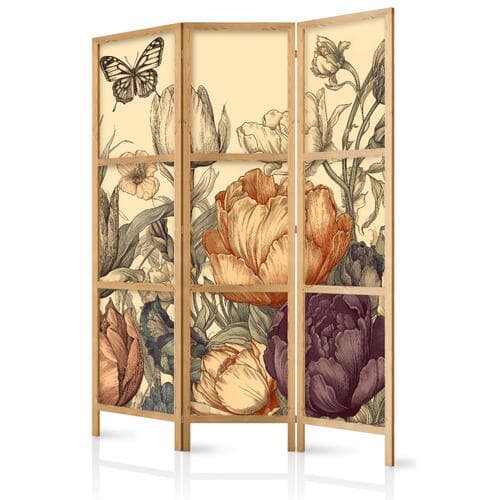 Parawan japoński Tulipany w kremie - ilustracja kwiatów i motyli na jasnym tle 135×172 cm, japoński