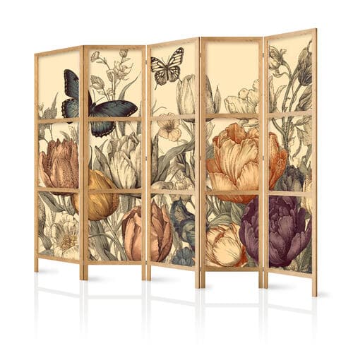 Parawan japoński Tulipany w kremie - ilustracja kwiatów i motyli na jasnym tle 225×172 cm, japoński