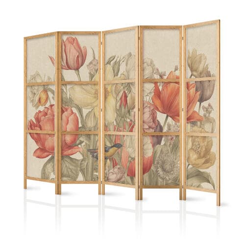 Parawan japoński Bukiet z tulipanami - kolorowe kwiaty na jasnym tle - ilustracja 225×172 cm, japoński