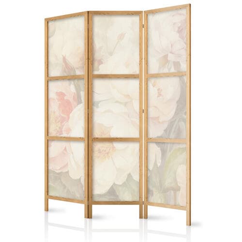 Parawan japoński Kwitnące piwonie - jasne duże kwiaty otulone białą mgłą 135×172 cm, japoński