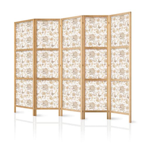 Japanischer Paravent Beżowe odcienie natury - kwiaty i motyle na białym tle - ilustracja 225×172 cm, japanisch