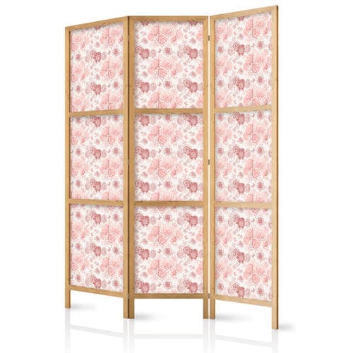 Parawan japoński Różowe rozkwitanie - kwiaty w ciepłych kolorach na białym tle 135×172 cm, japoński