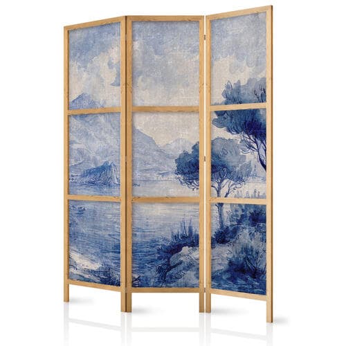 Parawan japoński Włoski krajobraz - Jezioro Como malowane tuszem w odcieniach błękitu 135×172 cm, japoński