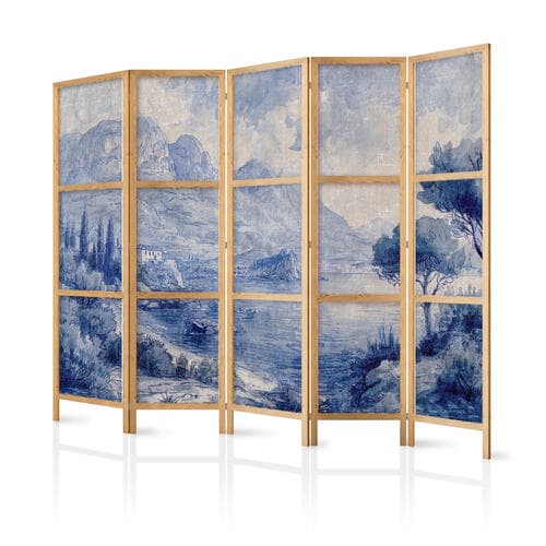 Parawan japoński Włoski krajobraz - Jezioro Como malowane tuszem w odcieniach błękitu 225×172 cm, japoński