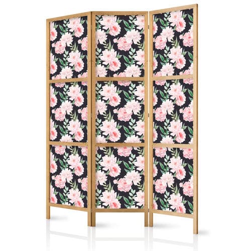 Parawan japoński Piwonie - różowe kwiaty i zielone listki na grafitowym tle 135×172 cm, japoński
