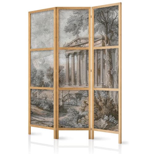 Parawan japoński Antyczny pejzaż - grecka świątynia na wzgórzu wśród bujnej roślinności 135×172 cm, japoński