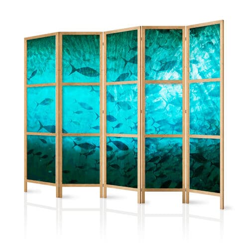 Parawan japoński Podwodny raj - Liczna ławica ryb w pięknej turkusowo-niebieskiej głębi rozświetlonej blaskiem słońca 225×172 cm, japoński