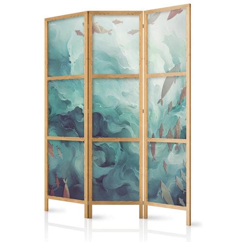 Parawan japoński Trzy ławice ryb - Ryby w stonowanej kolorystyce pływające w grupach w oceanicznych głębinach 135×172 cm, japoński