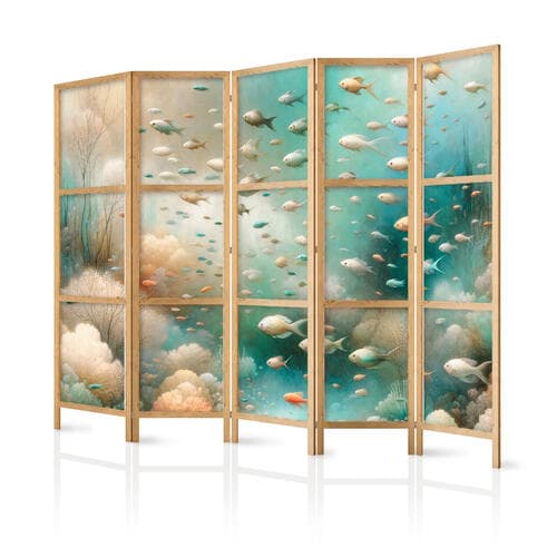 Japanese room divider Zjawiskowy podwodny krajobraz - Ryby w podwodnym świecie w kolorach turkusu błękitu beżu i delikatnego pomarańczowego 225×172 cm, Japanese