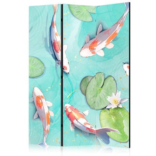 Parawan Zjawiskowe rybki - Biało-pomarańczowe rybki Koi pływające w krystalicznie przejrzystej wodzie z nenufarami 135×172 cm, jednostronny