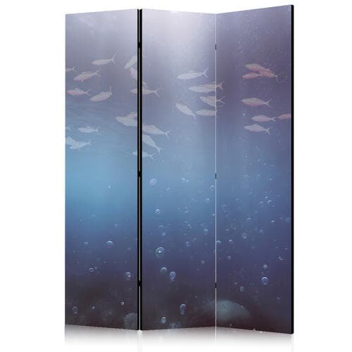 Parawan Ławica małych rybek - Rozświetlona oceaniczna toń w barwach granatu fioletu i szarości z ławicą drobnych rybek 135×172 cm, jednostronny