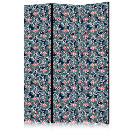 Parawan Rybki wśród liści - Barwne rybki Koi wśród ciemnozielonych lisci nenufarów na tafli granatowej wody 135×172 cm, jednostronny