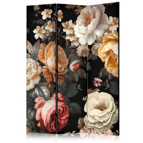 Parawan Florystyka w stylu vintage - ogrom kolorowych kwiatów na czarnym tle 135×172 cm, jednostronny
