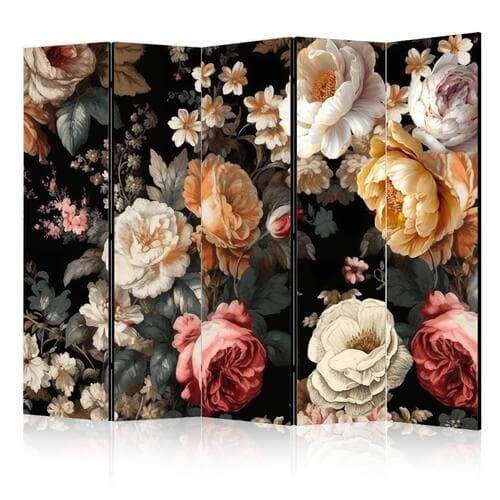 Parawan Florystyka w stylu vintage - ogrom kolorowych kwiatów na czarnym tle 225×172 cm, jednostronny