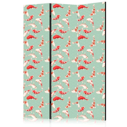 Parawan Rybki i japoński wzór - Rybki Koi w pomarańczowo-kremowych kolorach na zielono-miętowym tle z orientalnym wzorem 135×172 cm, jednostronny