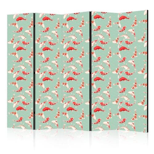 Parawan Rybki i japoński wzór - Rybki Koi w pomarańczowo-kremowych kolorach na zielono-miętowym tle z orientalnym wzorem 225×172 cm, jednostronny
