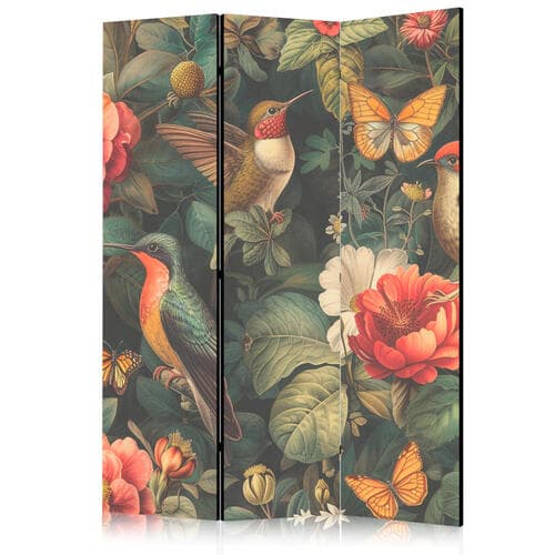 Parawan W ogrodzie botanicznym - kwiaty ptaki i motyle - barwna ilustracja 135×172 cm, jednostronny