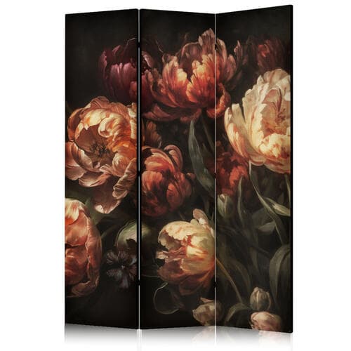 Parawan Okazałe tulipany - bukiet kwiatów w czerwieni i bieli na czarnym tle 135×172 cm, jednostronny