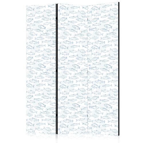 Parawan Niebieskie ryby - Niebieskie kontury rozmaitych gatunków ryb na biało-błękitnym tle 135×172 cm, jednostronny