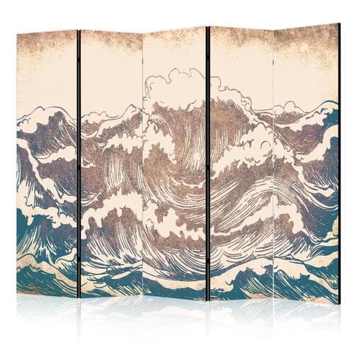 Parawan Wzburzony ocean - Wysokie fale w kolorystyce brązu i granatu na beżowym tle w stylistyce vintage 225×172 cm, jednostronny