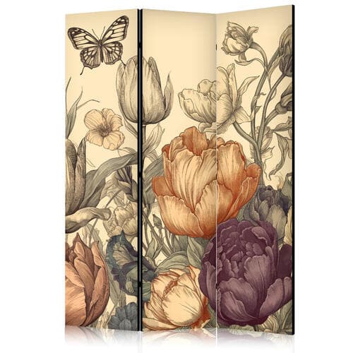 Parawan Tulipany w kremie - ilustracja kwiatów i motyli na jasnym tle 135×172 cm, jednostronny