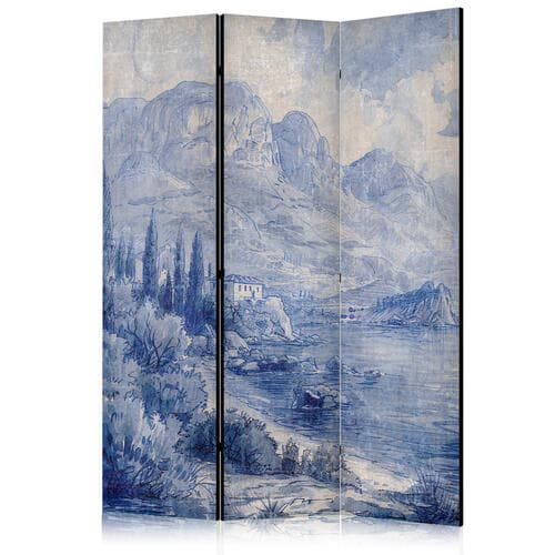 Paravent Włoski krajobraz - Jezioro Como malowane tuszem w odcieniach błękitu 135×172 cm, einseitig