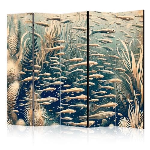 Parawan Życie w oceanie - Podwodny świat ryb i roślinności w kolorystyce beżowej i granatowej w stylu retro 225×172 cm, jednostronny