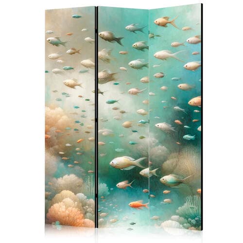 Parawan Zjawiskowy podwodny krajobraz - Ryby w podwodnym świecie w kolorach turkusu błękitu beżu i delikatnego pomarańczowego 135×172 cm, jednostronny