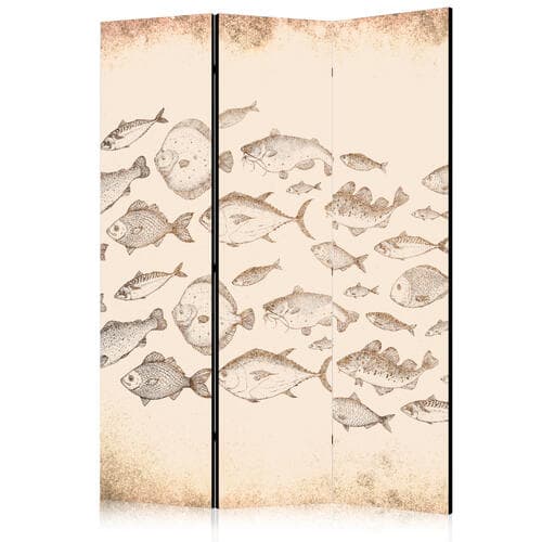Parawan Szkic ławicy ryb - Szkice różnych gatunków ryb płynących w ławicy na beżowym tle w stylu vintage 135×172 cm, jednostronny